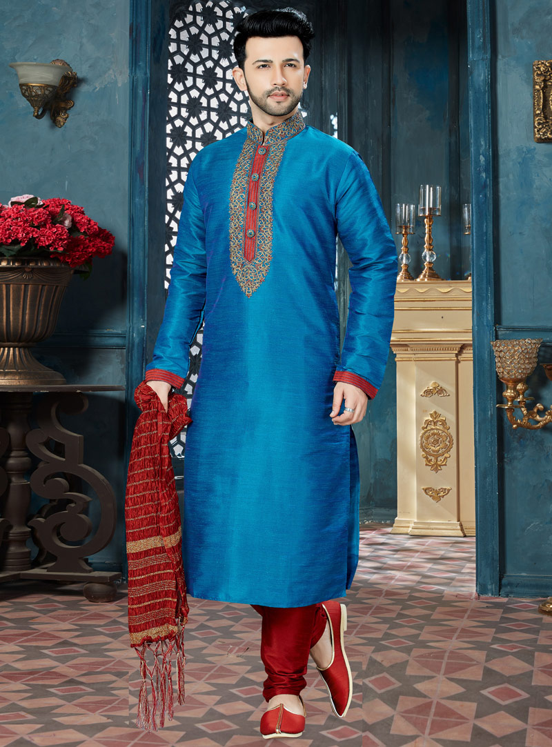 Blue Banglori Silk Readymade Kurta Pajama 143779