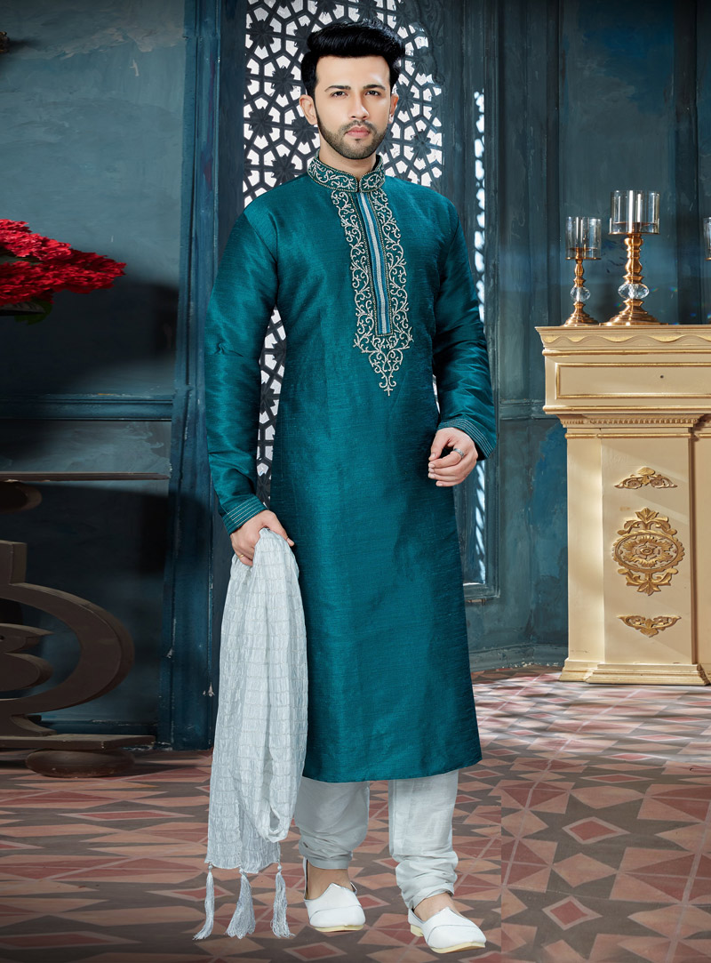 Teal Art Dupion Readymade Kurta Pajama 143783