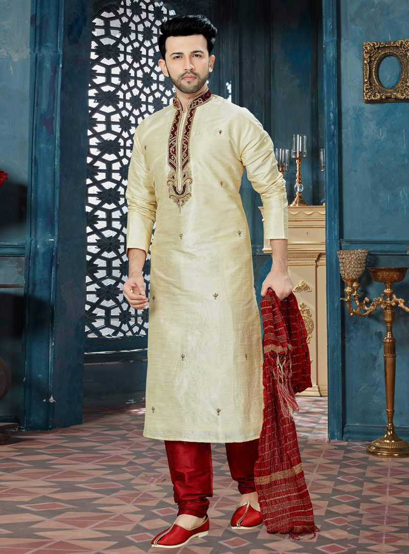 Cream Art Dupion Readymade Kurta Pajama 143785