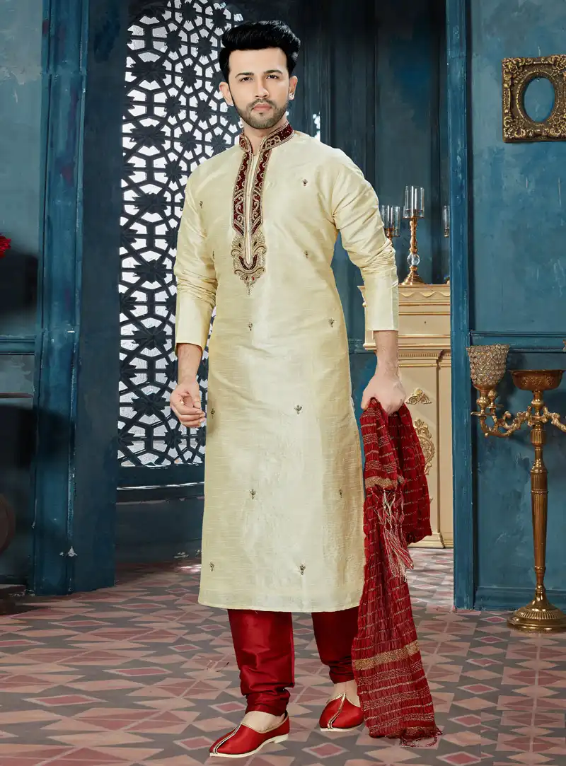 Cream Art Dupion Readymade Kurta Pajama 143785