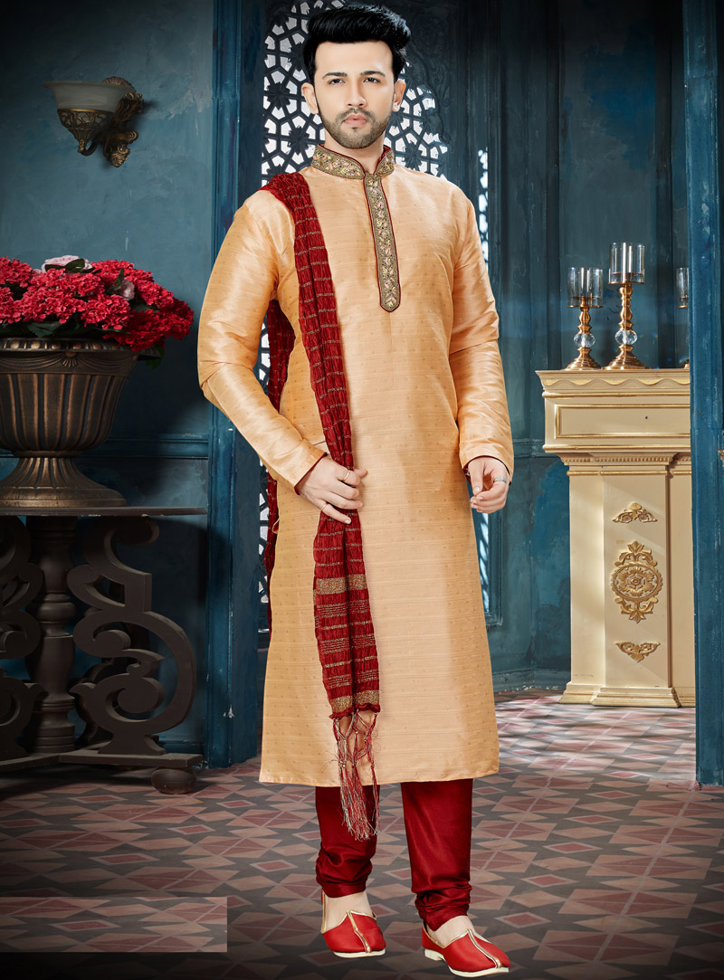 Peach Chanderi Readymade Kurta Pajama 143788