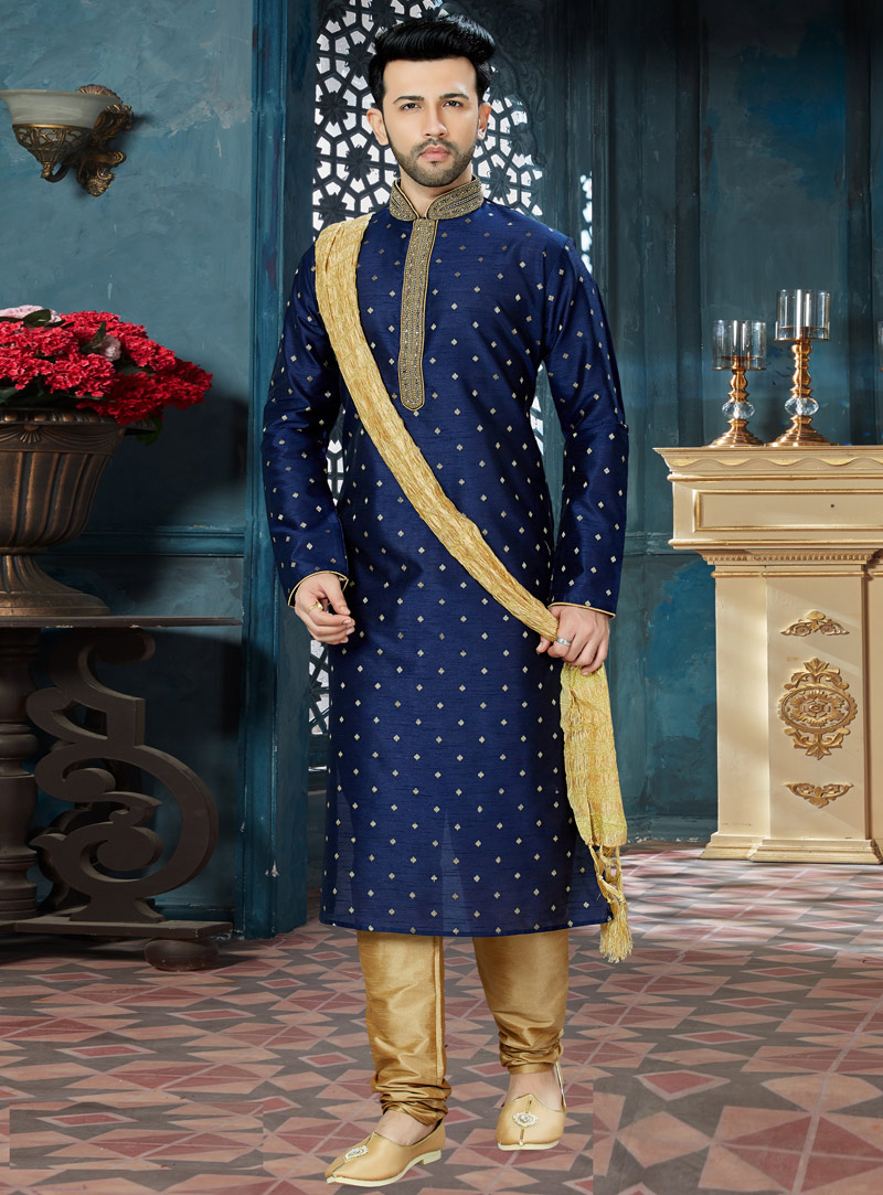 Navy Blue Chanderi Readymade Kurta Pajama 143794