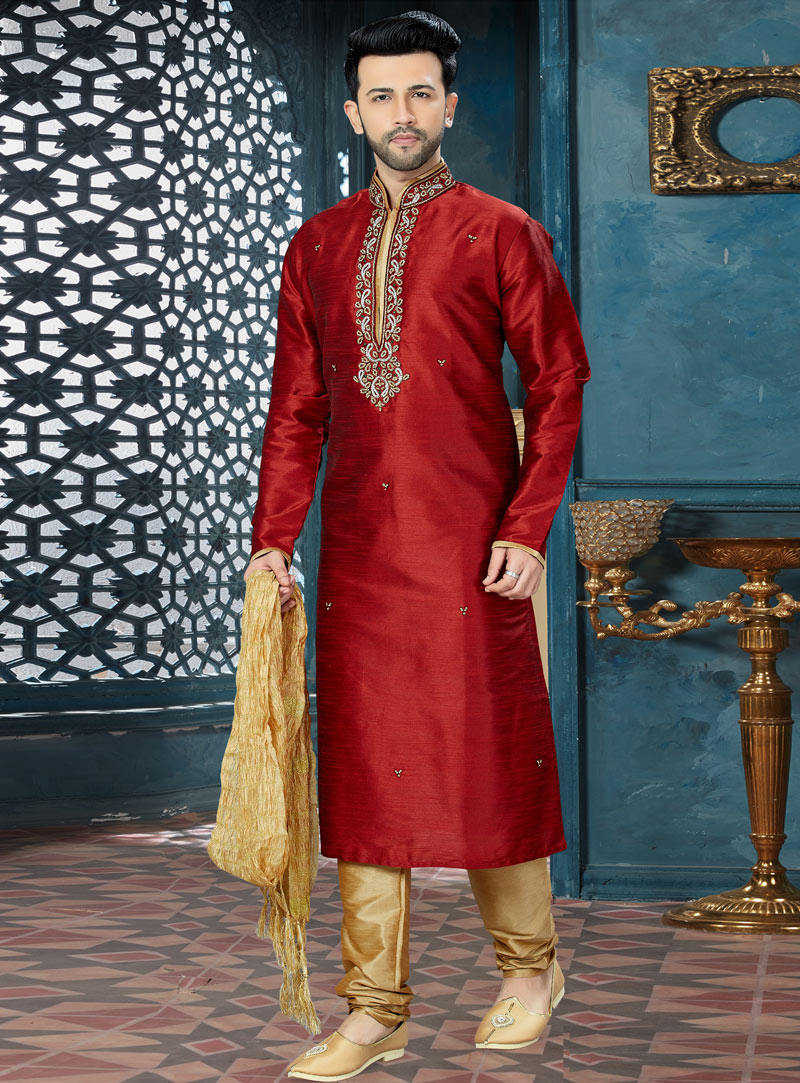 Maroon Art Dupion Readymade Kurta Pajama 143797
