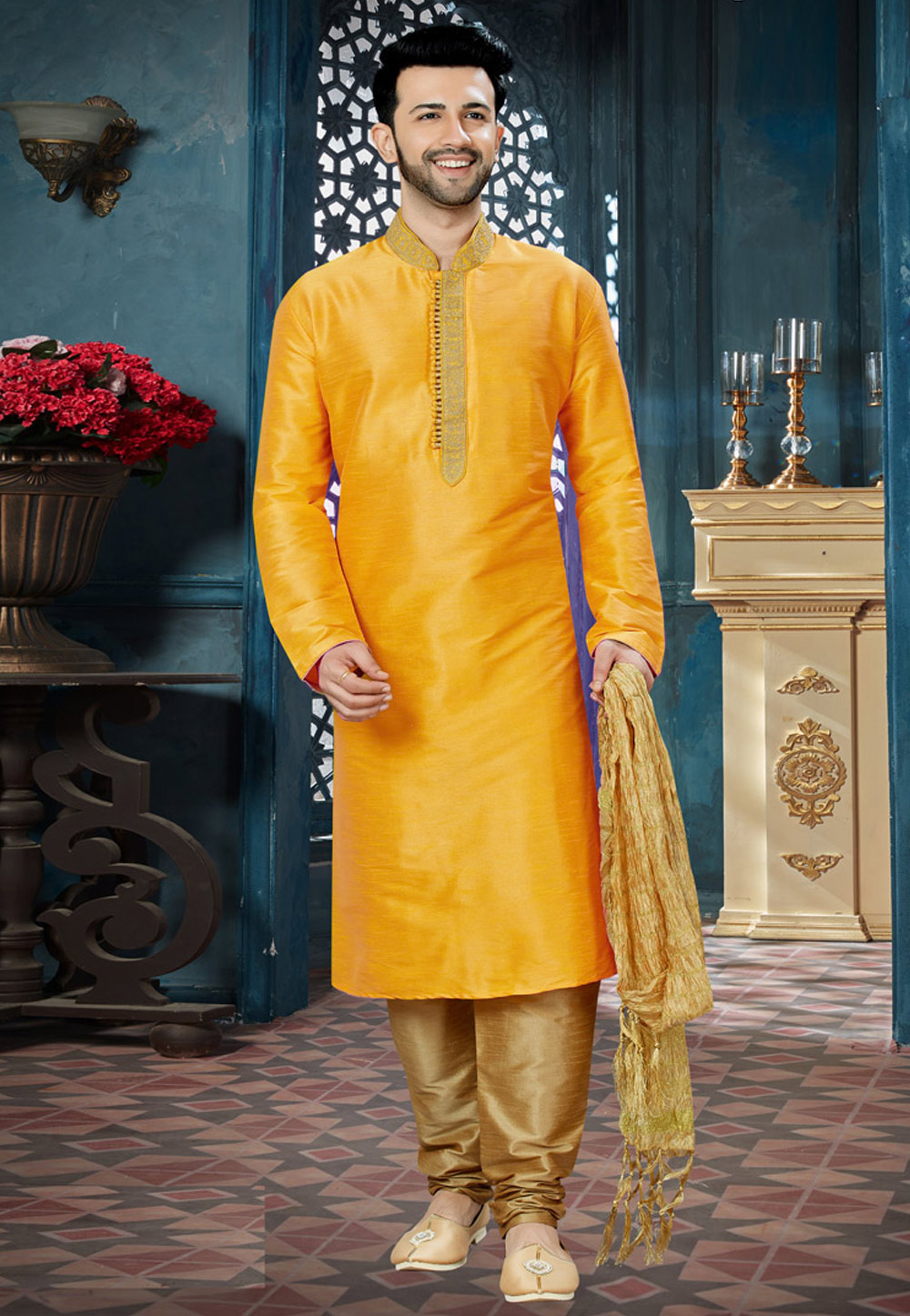 Yellow Art Dupion Readymade Kurta Pajama 143799