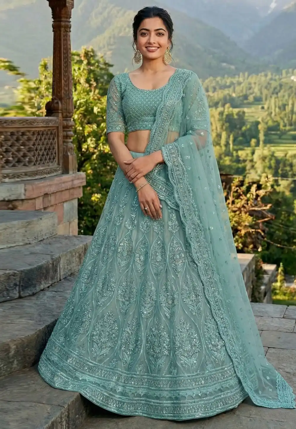 Rashmika Mandanna Sea Green Net Lehenga Choli 324556