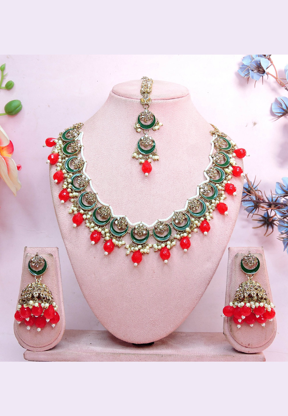 Red Alloy Necklace Set With Earrings and Maang Tikka 312372
