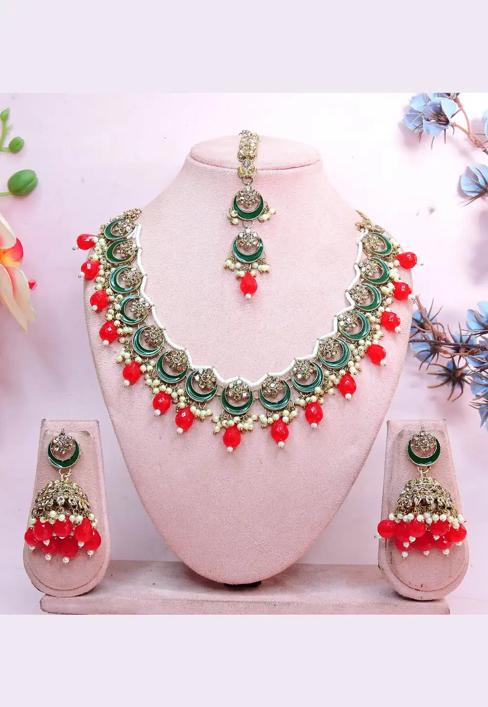 Red Alloy Necklace Set With Earrings and Maang Tikka 312372