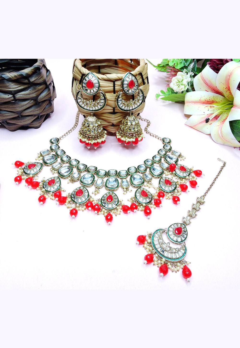Red Alloy Necklace Set With Earrings and Maang Tikka 312386