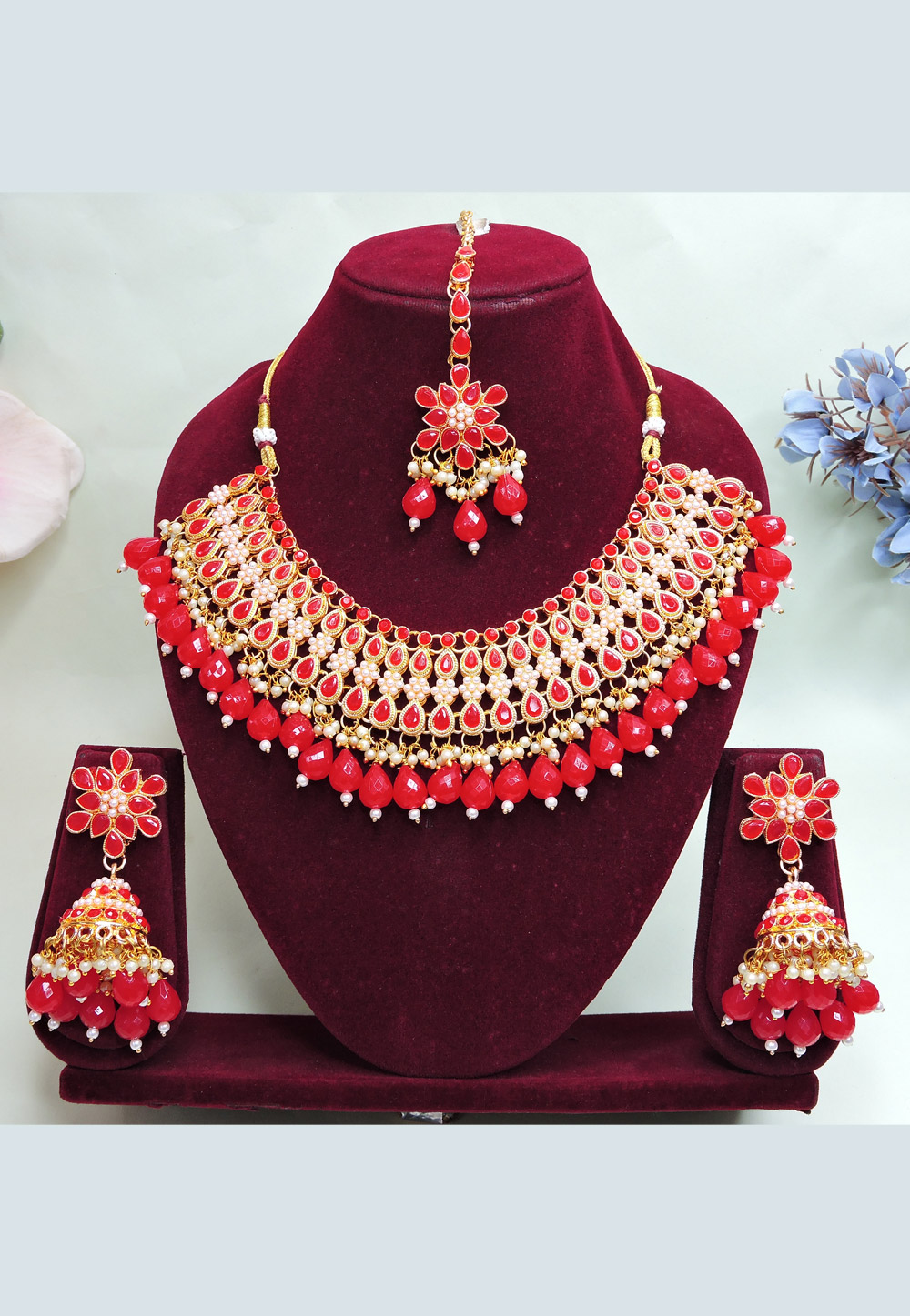 Red Alloy Necklace Set With Earrings and Maang Tikka 312429