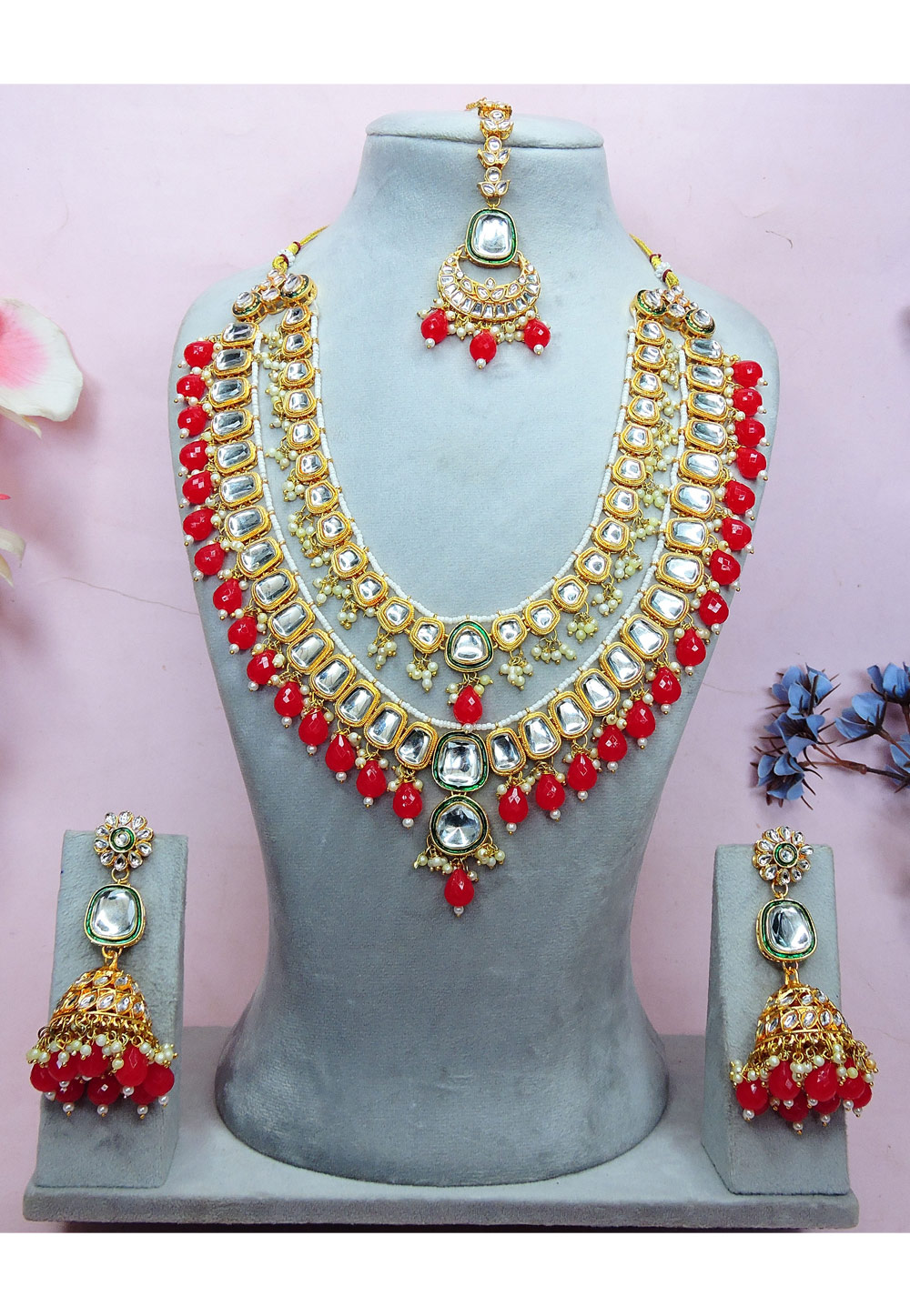 Red Alloy Necklace Set With Earrings and Maang Tikka 312778