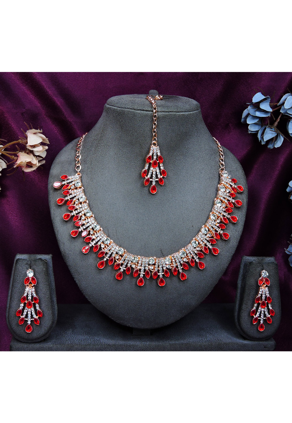 Red Alloy Necklace Set With Earrings and Maang Tikka 328440