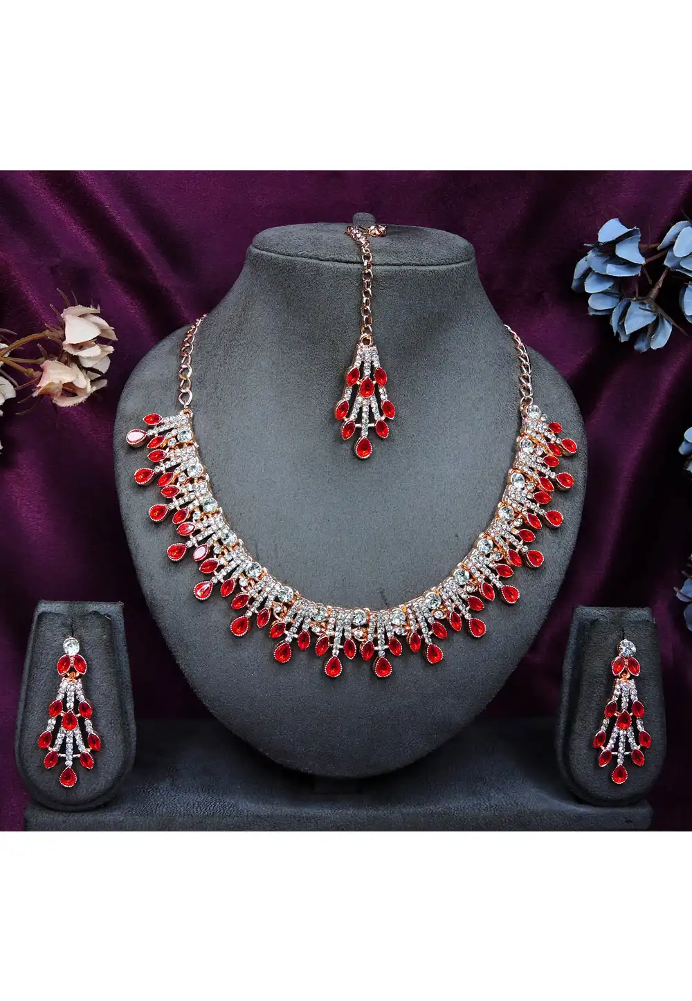 Red Alloy Necklace Set With Earrings and Maang Tikka 328440