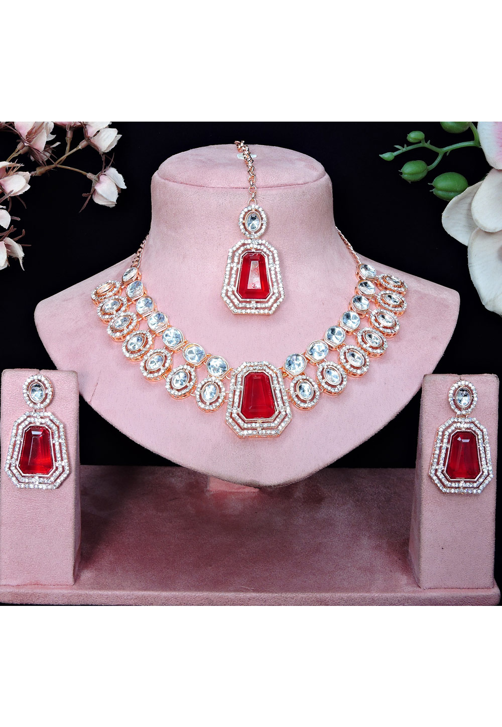 Red Alloy Necklace Set With Earrings and Maang Tikka 329851