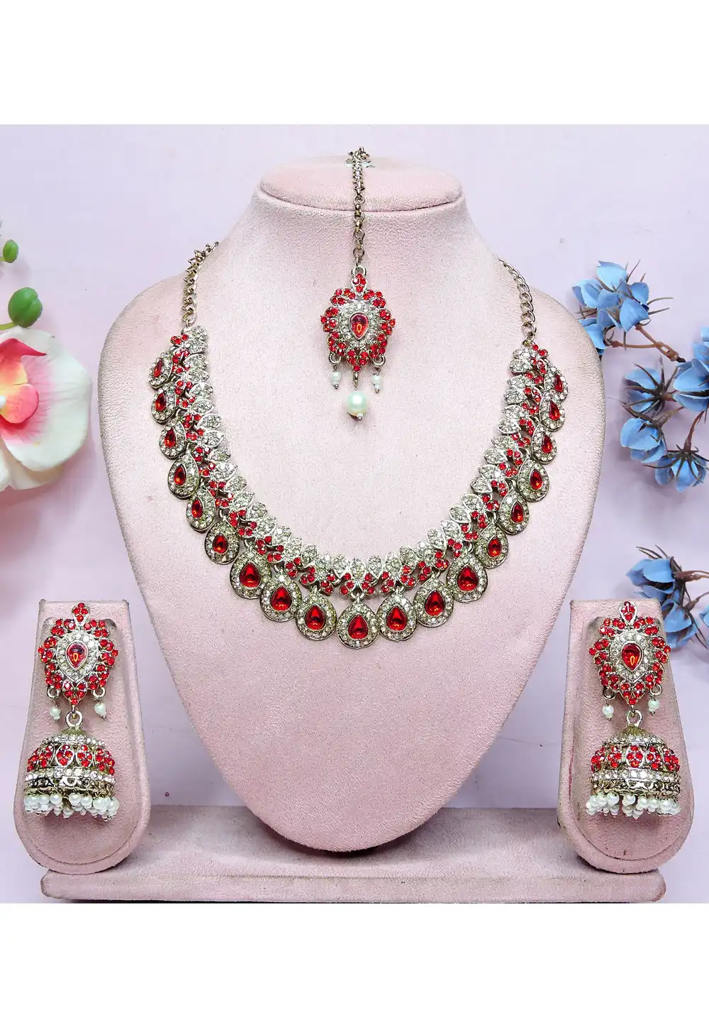 Red Alloy Necklace Set With Earrings and Maang Tikka 330233