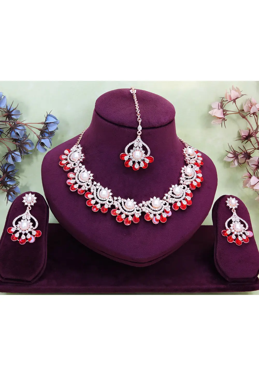 Red Alloy Necklace Set With Earrings and Maang Tikka 332165