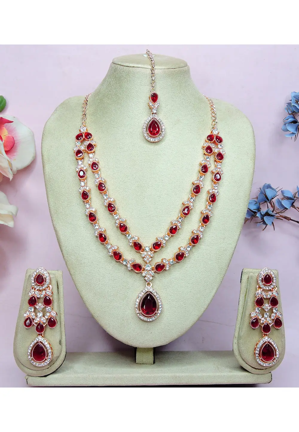 Red Alloy Necklace Set With Earrings and Maang Tikka 336733