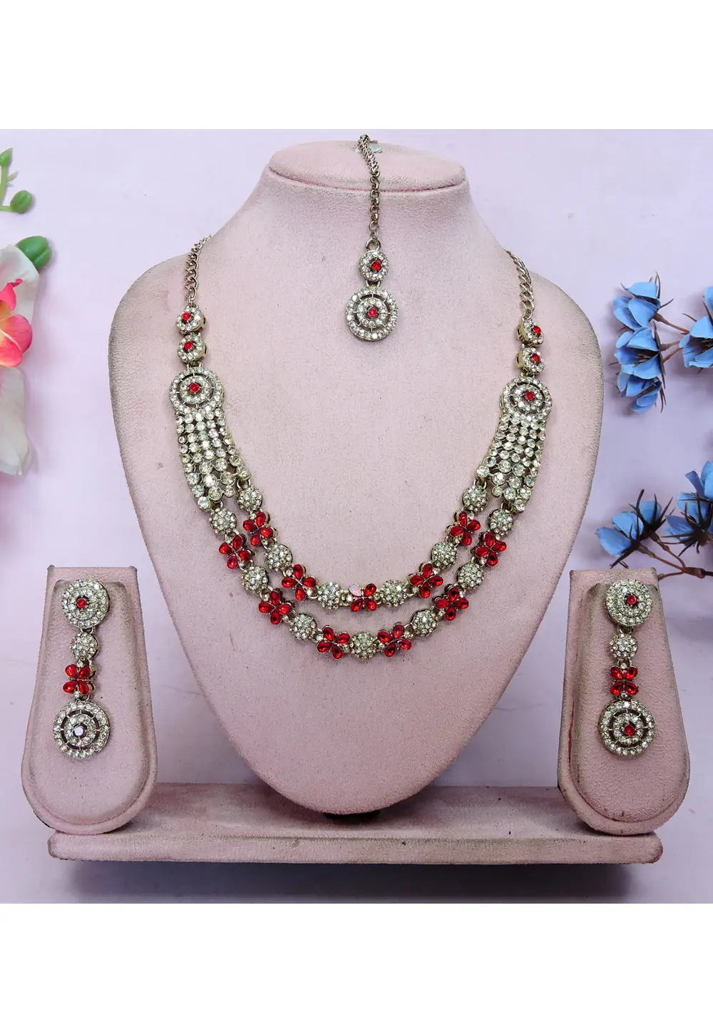 Red Alloy Necklace Set With Earrings and Maang Tikka 337081