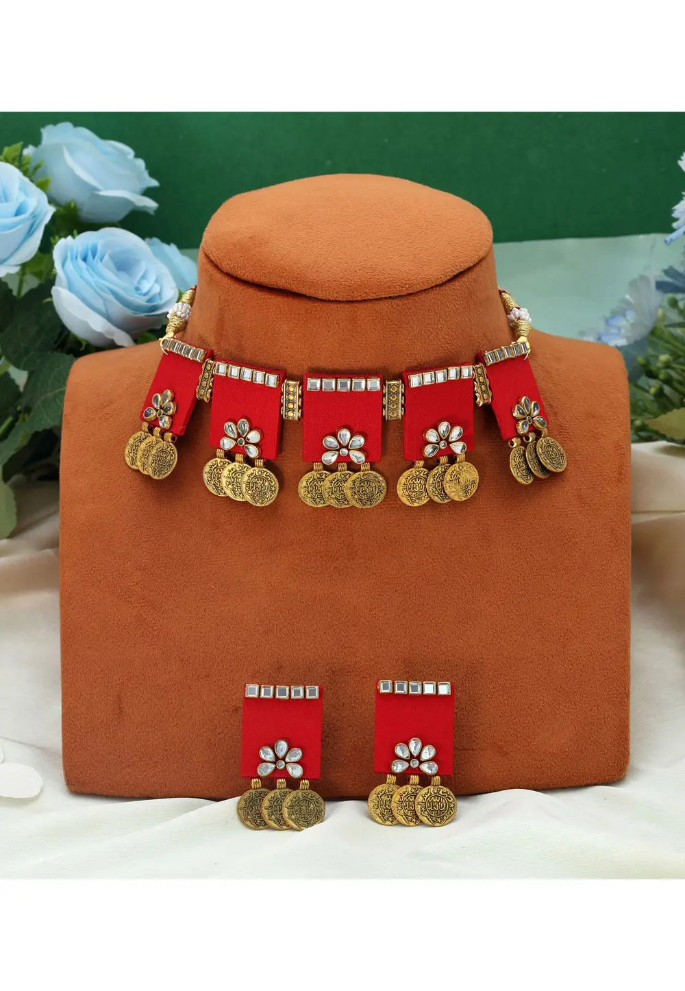 Red Alloy Necklace With Earrings 331665