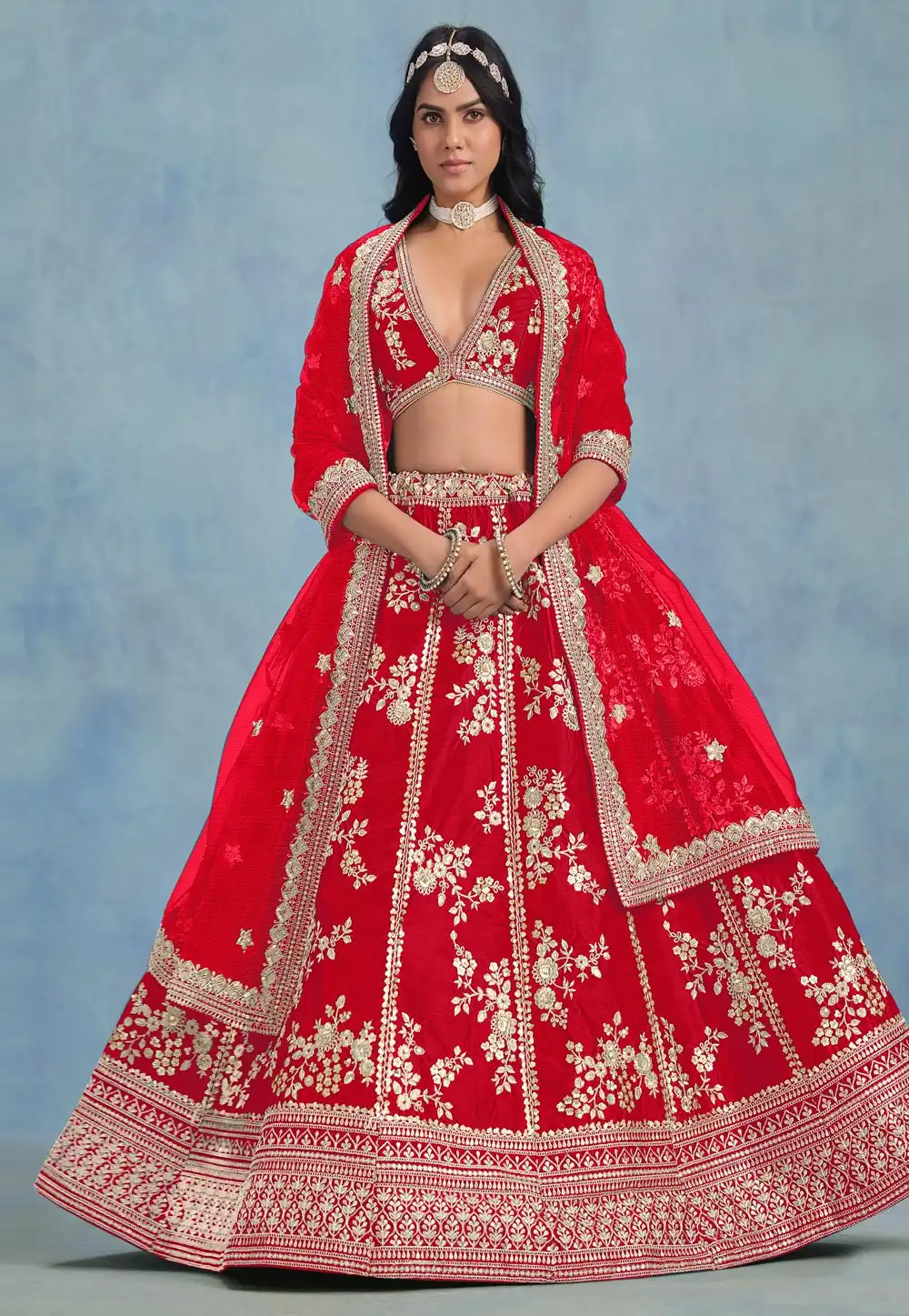 Red Art Silk Circular Lehenga Choli 310956