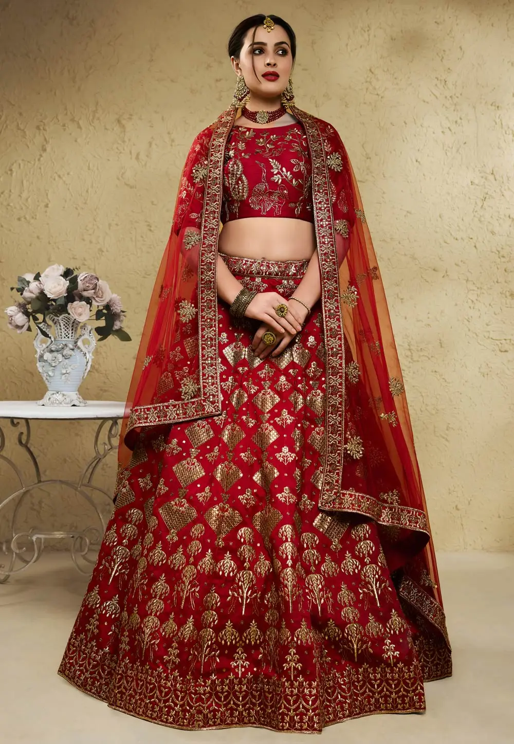 Red Art Silk Circular Lehenga Choli 335809