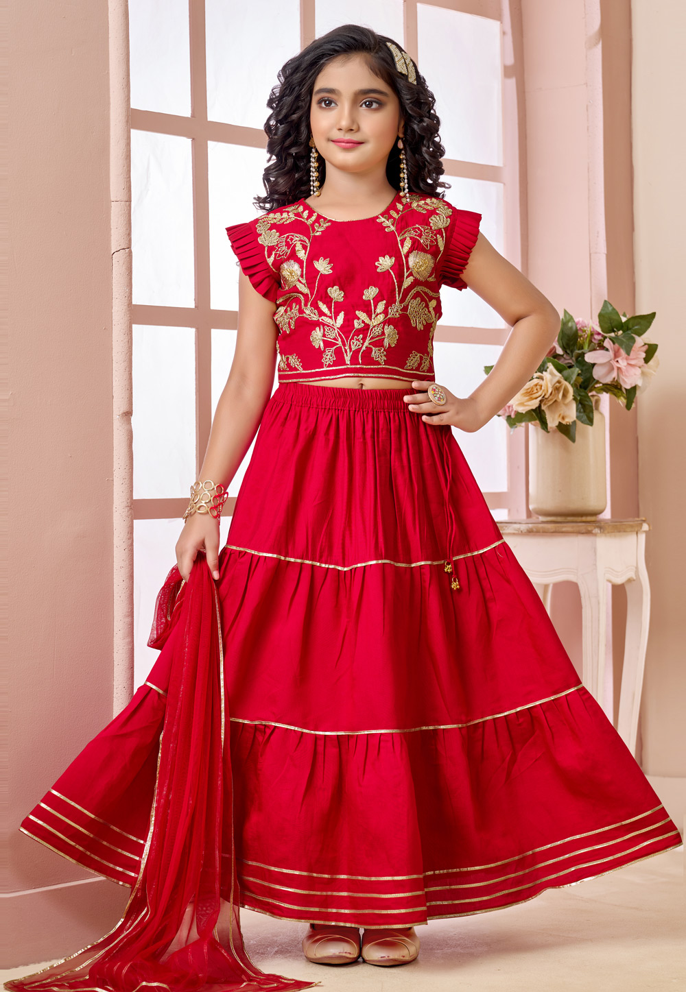 Red Art Silk Kids Lehenga Choli 325178