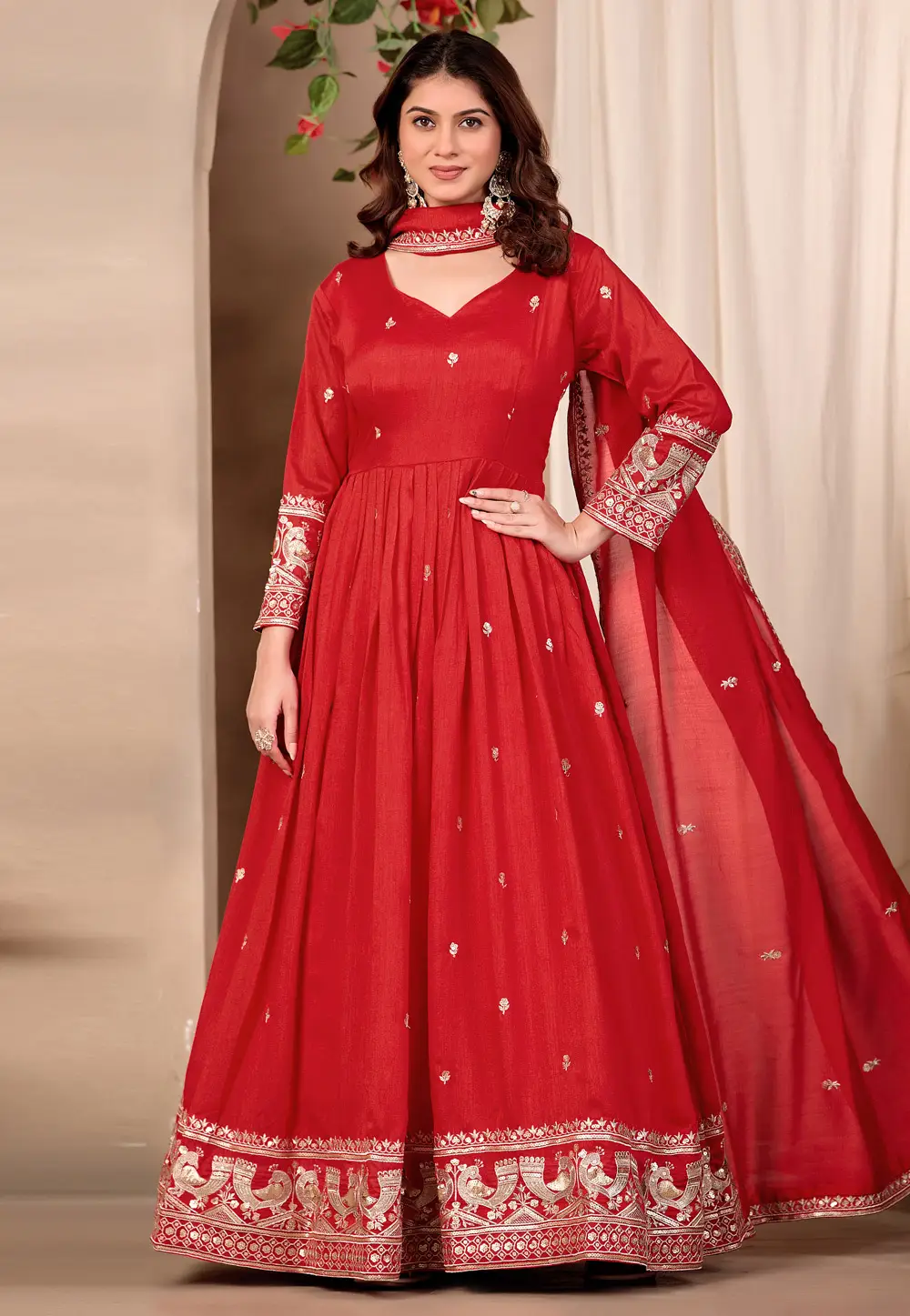 Red Art Silk Readymade Long Anarkali Suit 334874