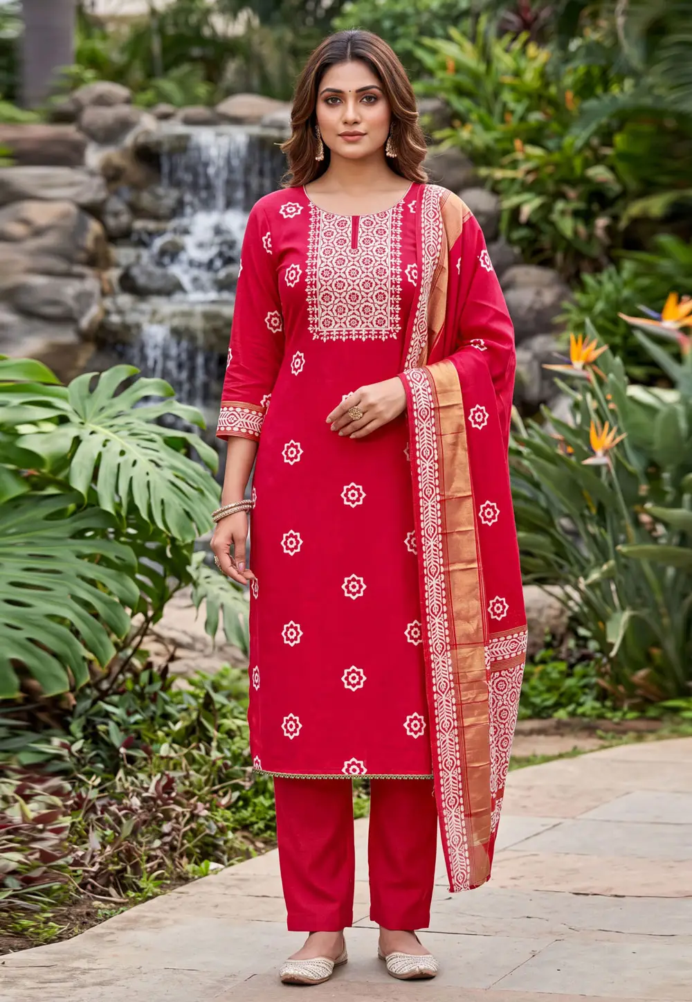 Red Banarasi Cotton Straight Suit 335537