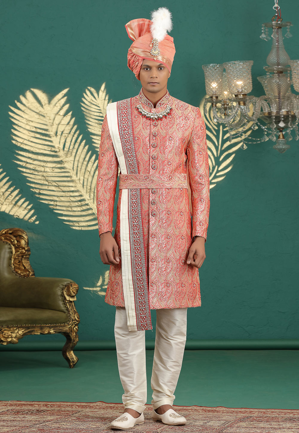 Red Banarasi Jacquard Achkan Style Sherwani With Dupatta 319012
