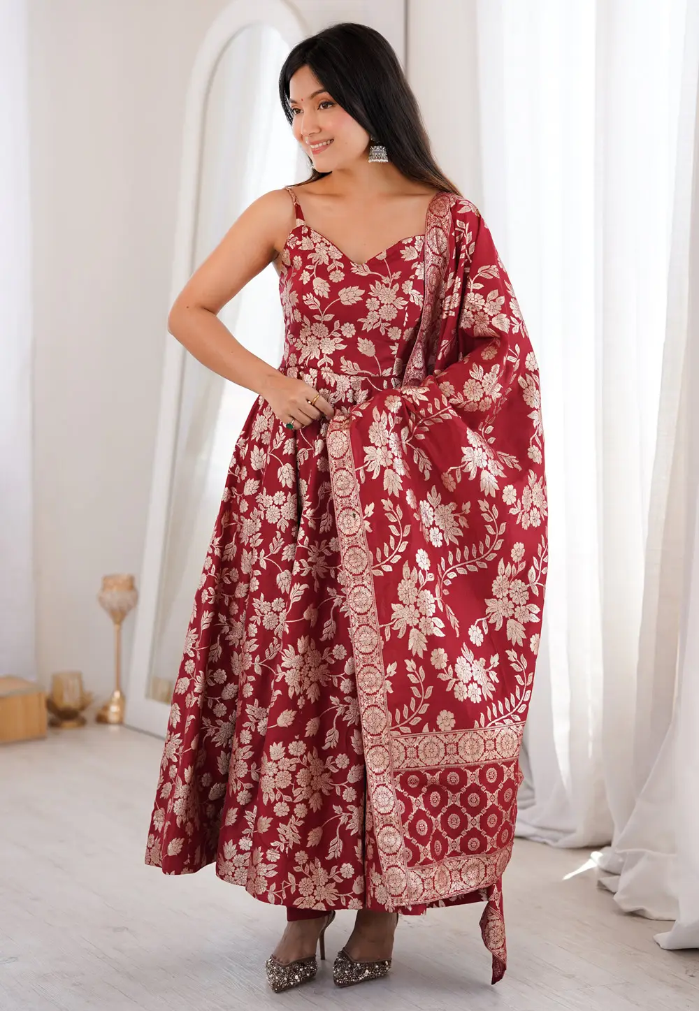 Red Banarasi Jacquard Readymade Long Anarkali Suit 336687