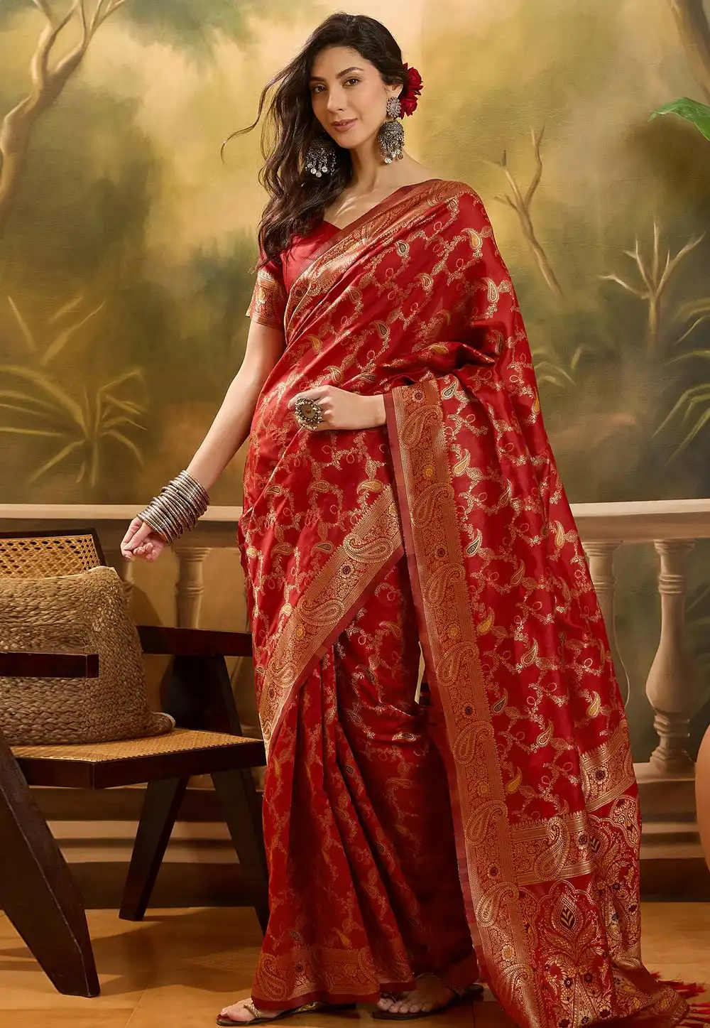 Red Banarasi Jacquard Saree 316768