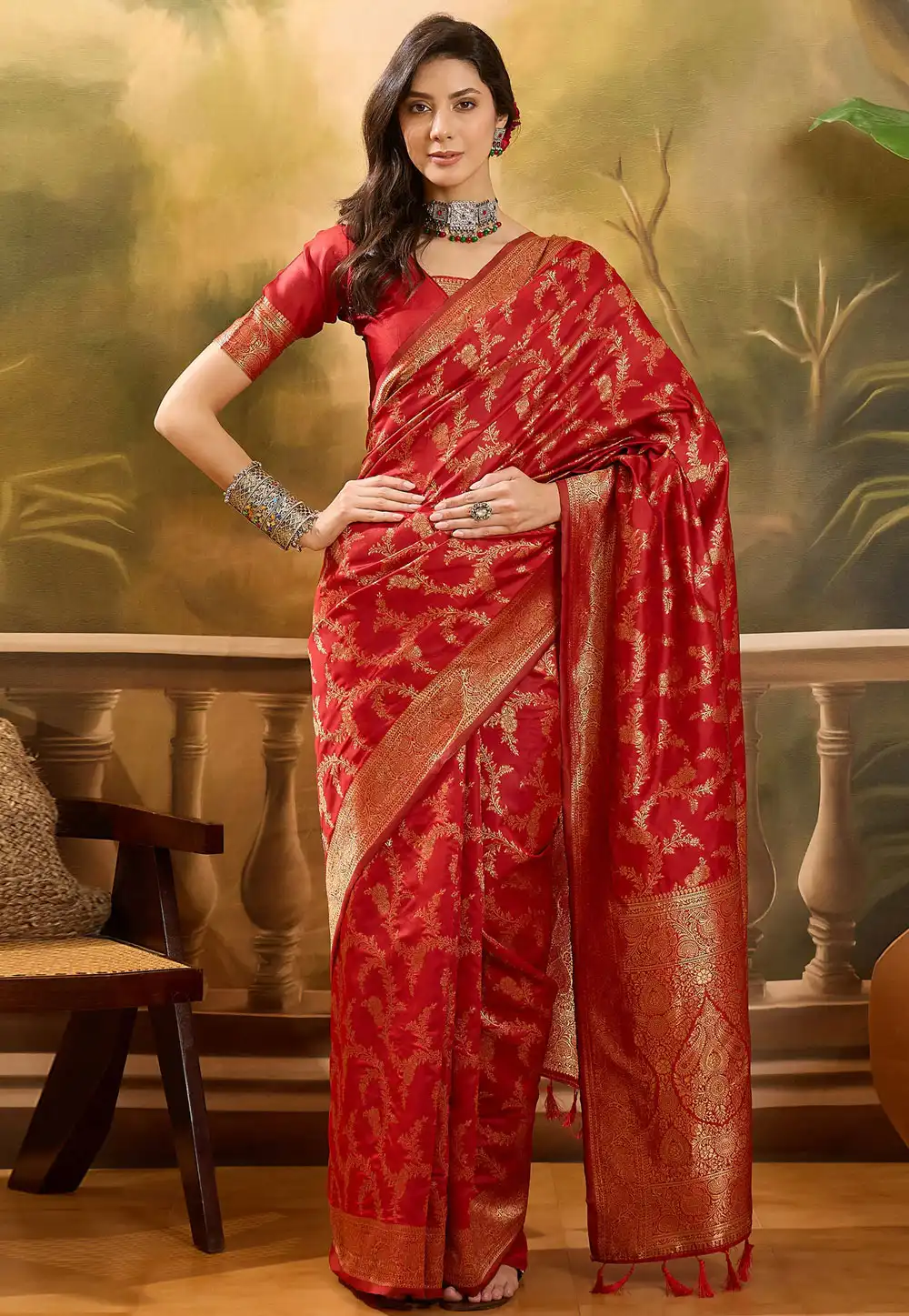 Red Banarasi Jacquard Saree 316794