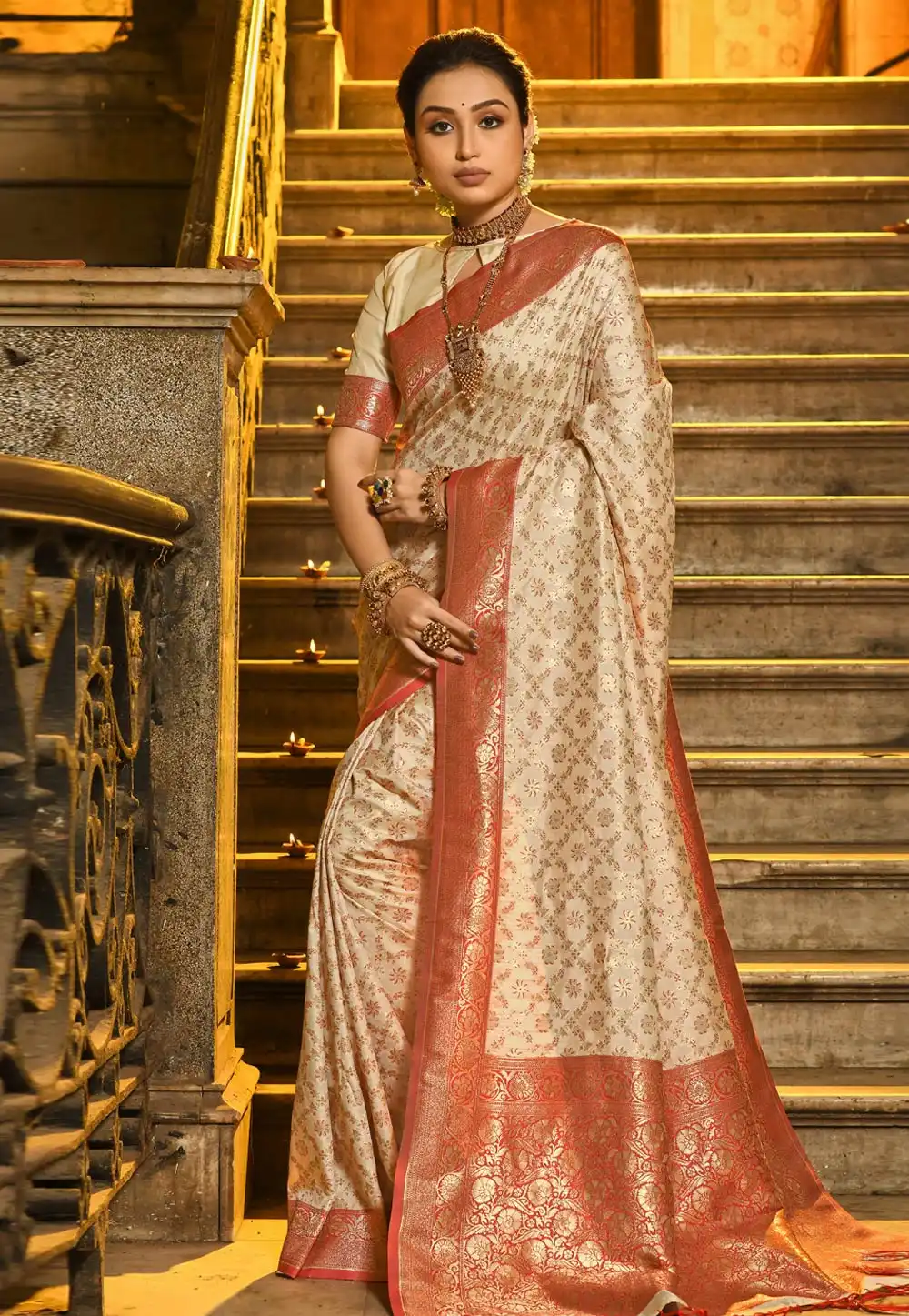 Cream Banarasi Silk Saree 311379