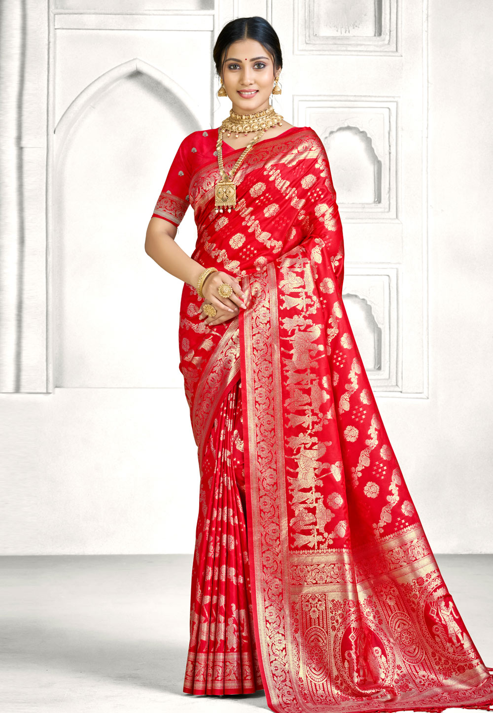Red Banarasi Silk Saree With Blouse 323033