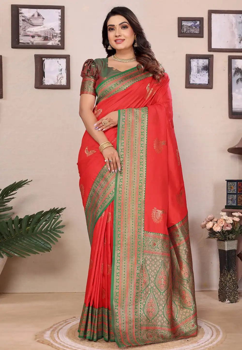 Red Banarasi Silk Saree With Blouse 313977