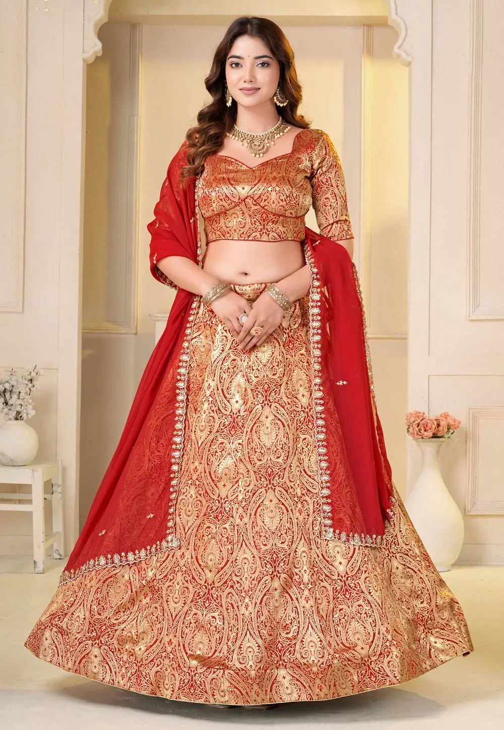 Red Brocade Circular Lehenga Choli 337254