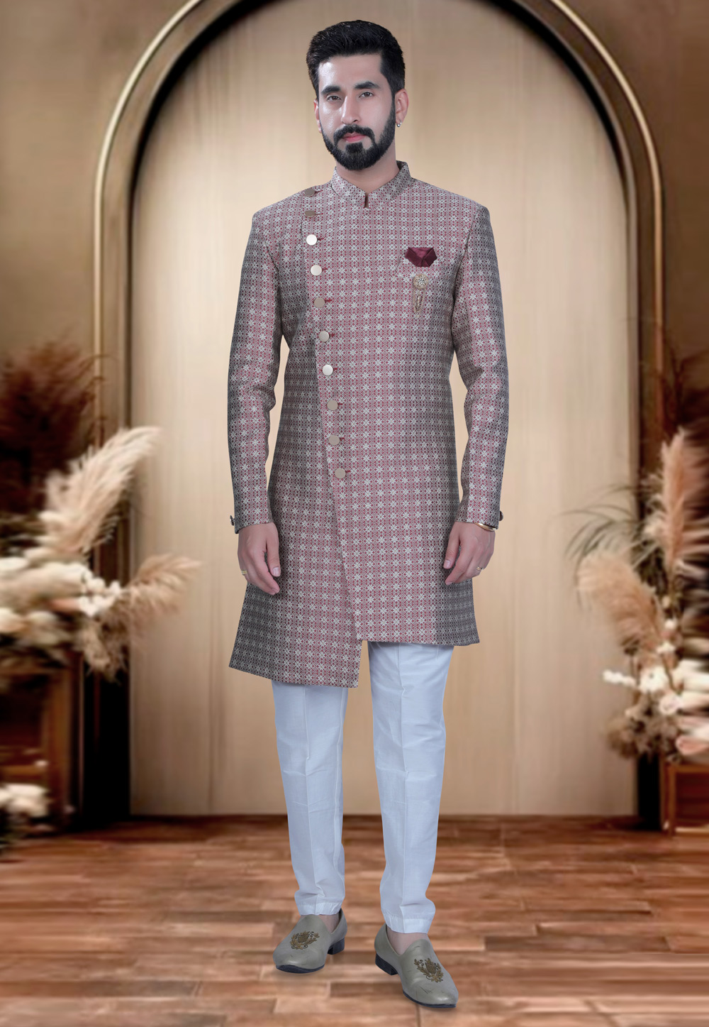 Red Brocade Indo Western Sherwani 319674