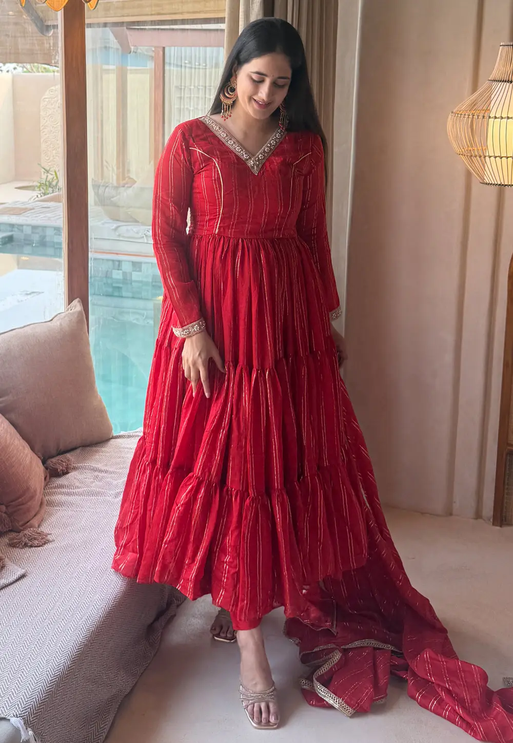 Red Brocade Readymade Anarkali Suit 332299