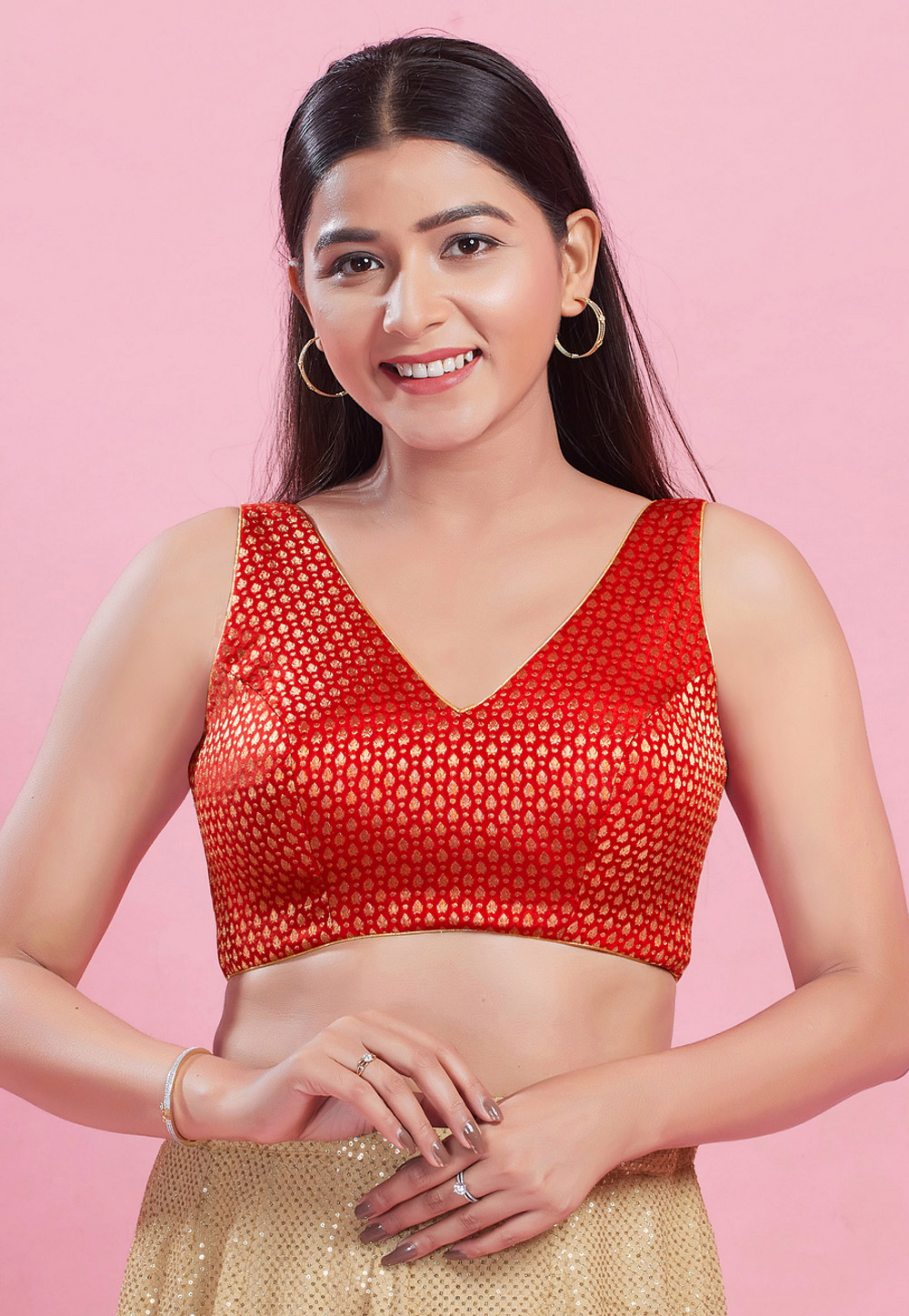 Red Brocade Readymade Blouse 325811