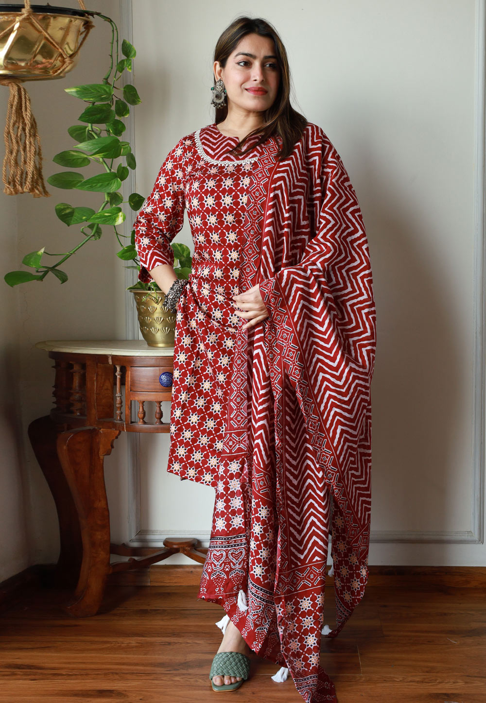 Red Chanderi Cotton Kurta Set With Pant 306764