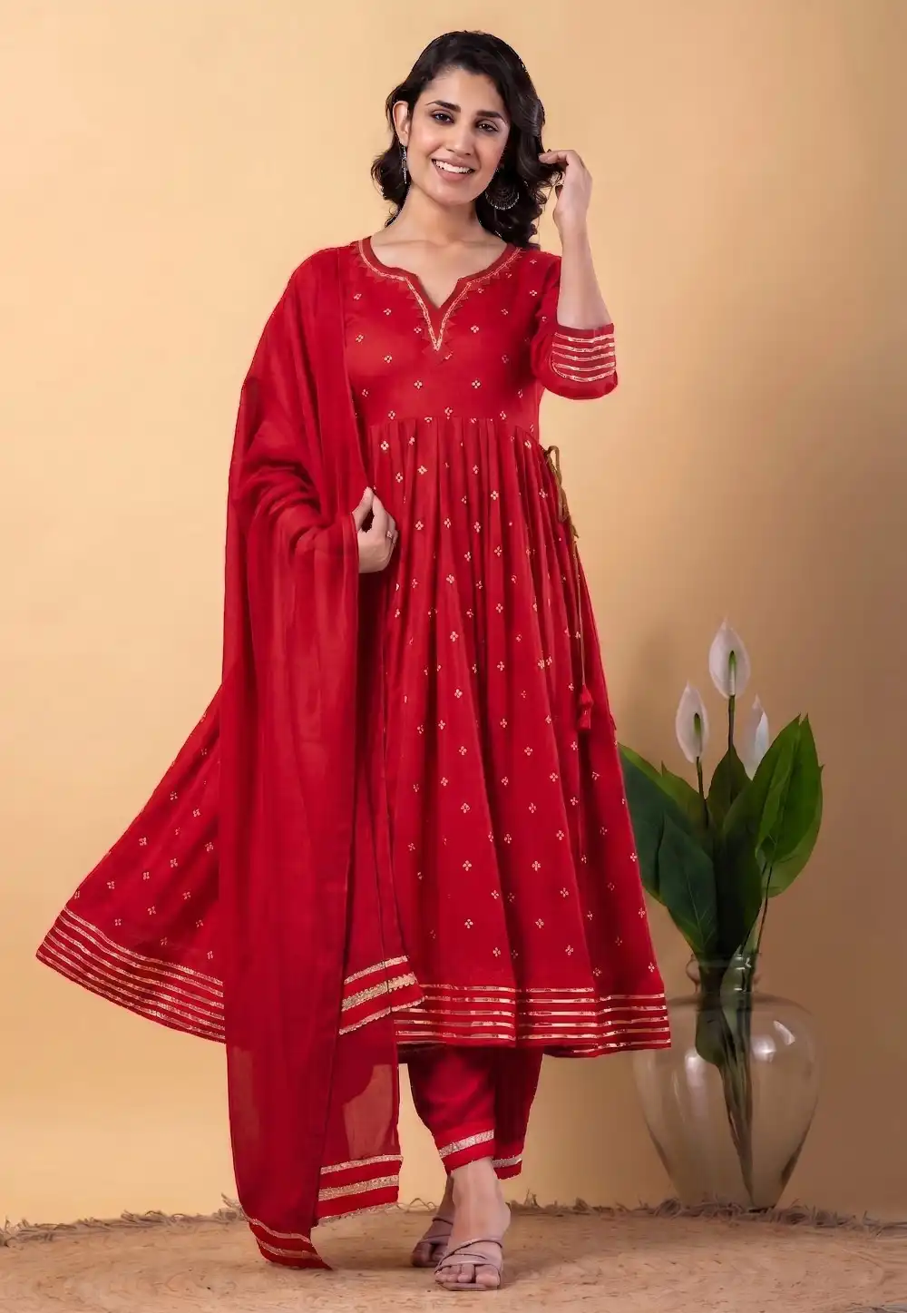 Red Chanderi Readymade Anarkali Suit 330296