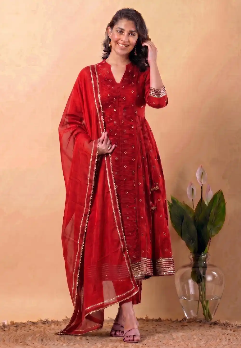 Red Chanderi Readymade Anarkali Suit 328104