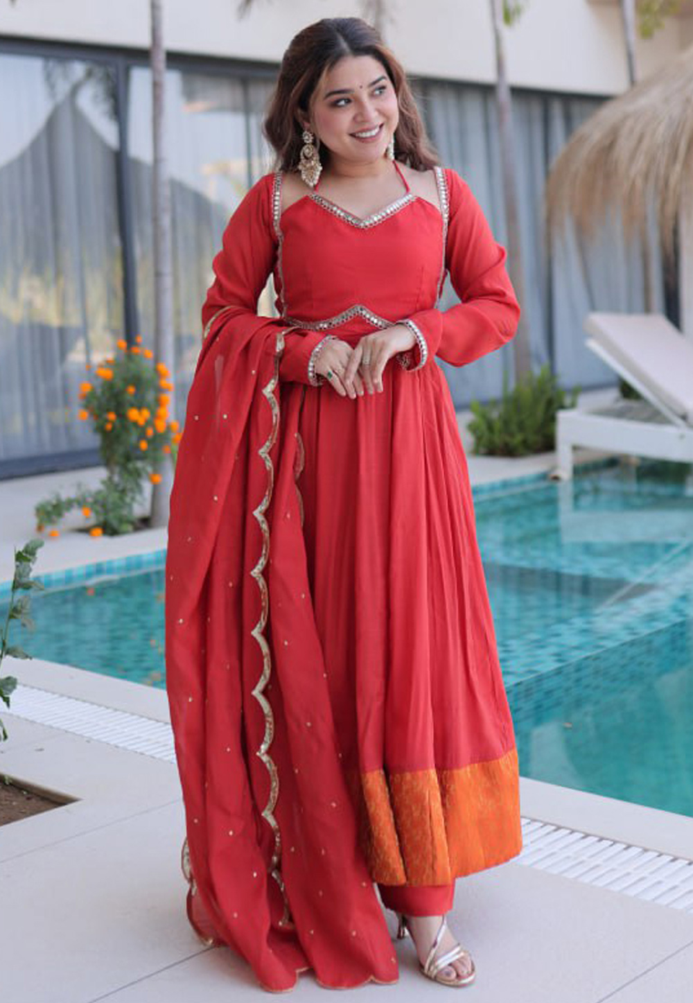 Red Chanderi Readymade Long Anarkali Suit 324734