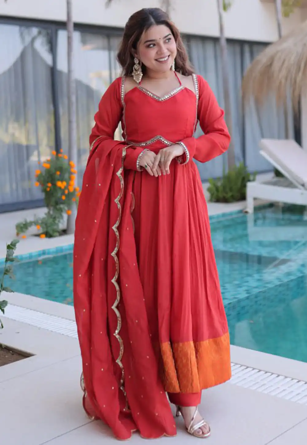 Red Chanderi Readymade Long Anarkali Suit 324734