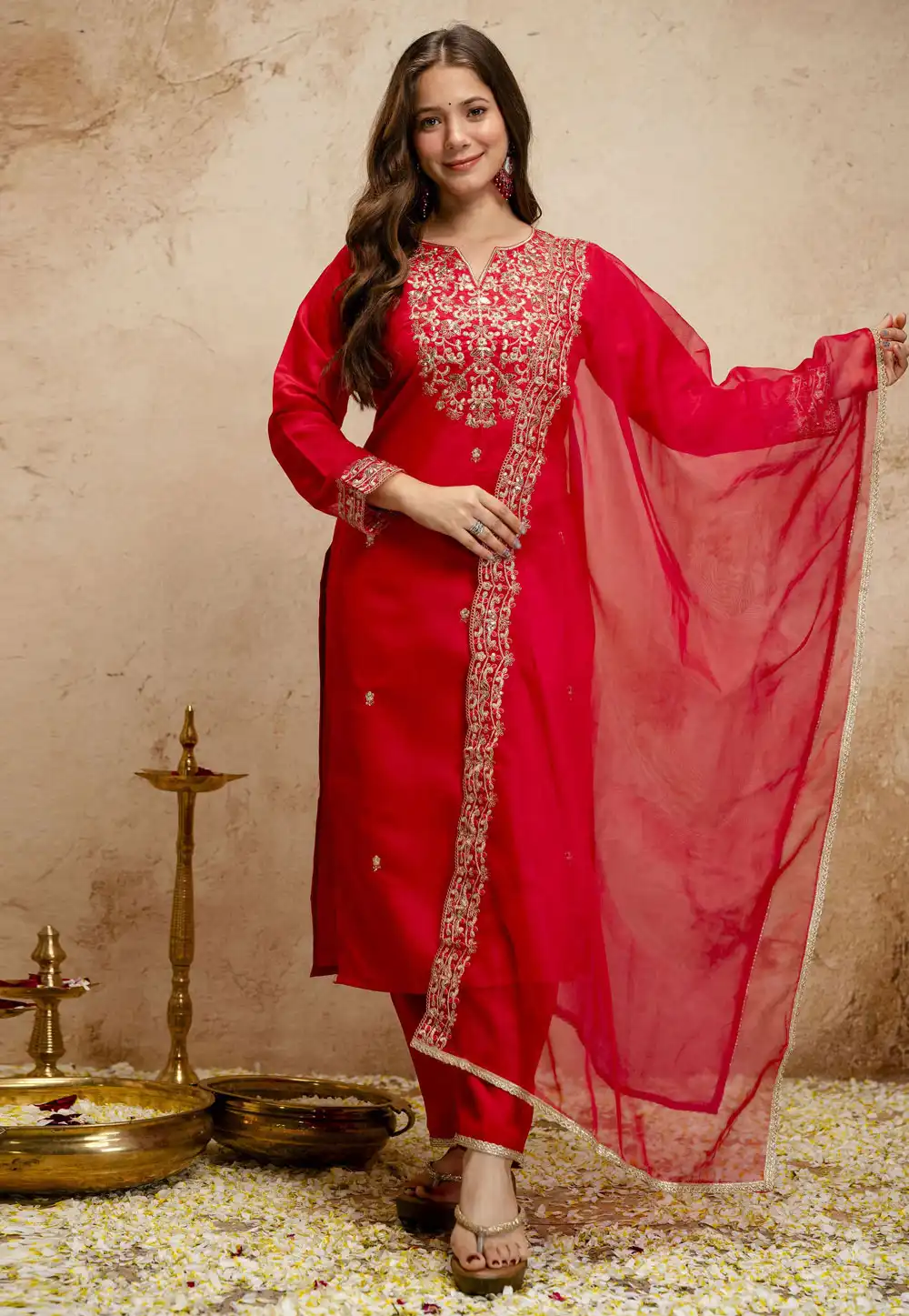 Red Chanderi Readymade Pakistani Suit 328802