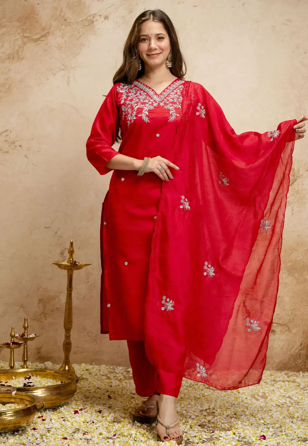 Red Chanderi Readymade Pakistani Suit 328806