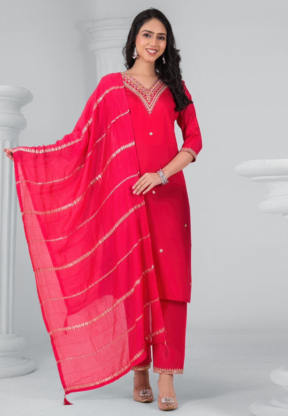 Red Chanderi Readymade Pakistani Suit 311217