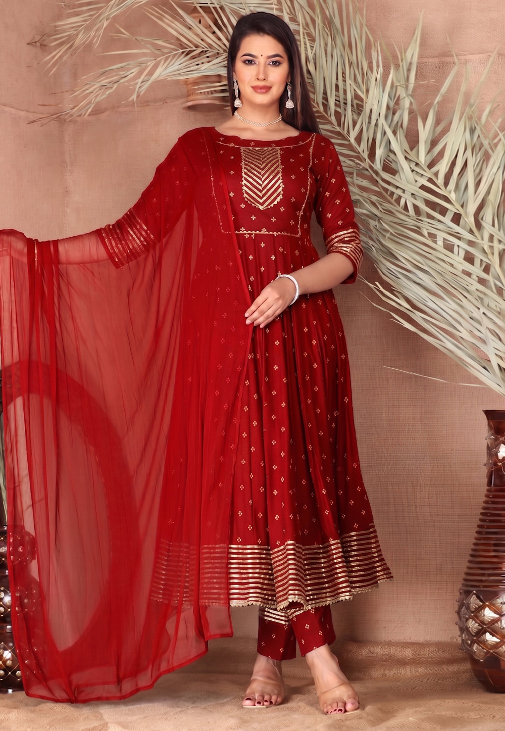 Red Chanderi Readymade Pant Style Suit 330297