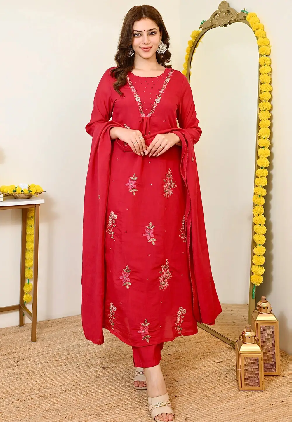 Red Chanderi Readymade Pant Style Suit 333770