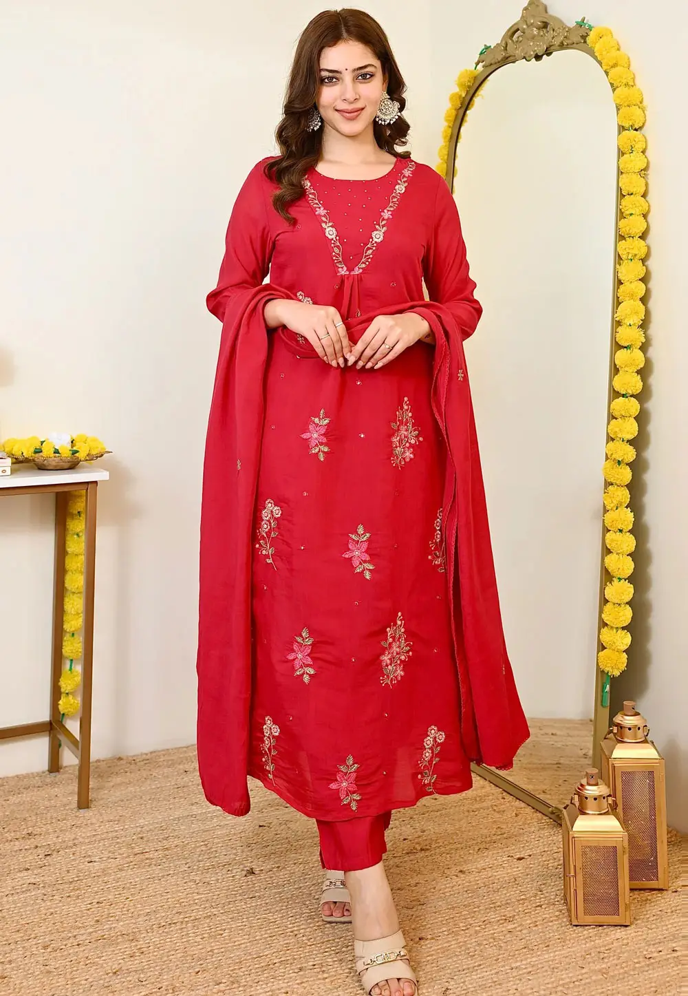 Red Chanderi Readymade Pant Style Suit 334813