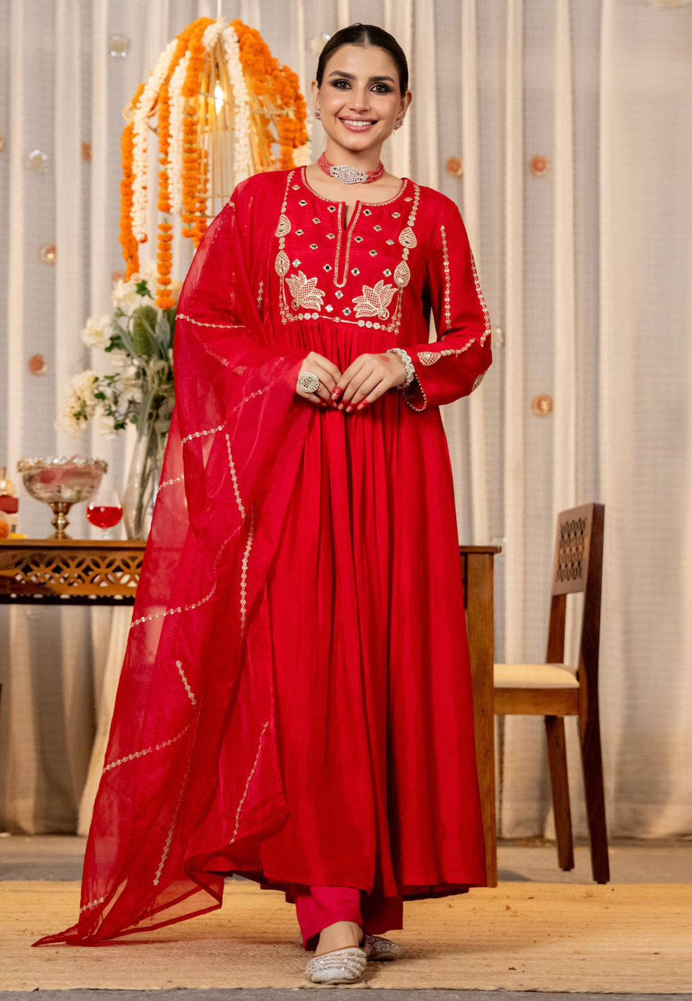 Red Chanderi Silk Readymade Anarkali Suit 323258